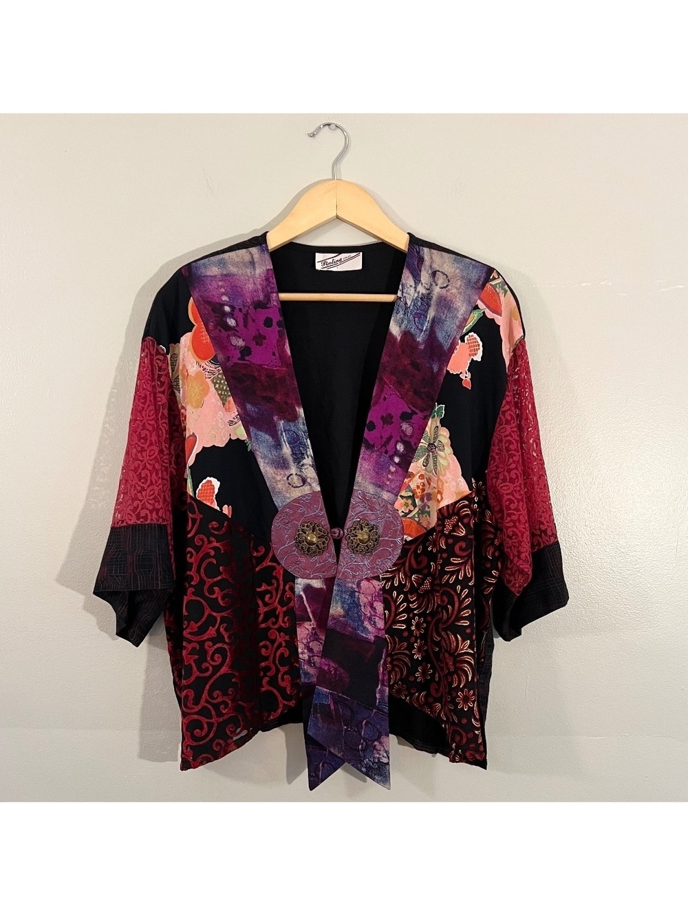 Vintage Mixed-Media Patchwork Lace Kimono Jacket 1990’s Artistic Whimsy